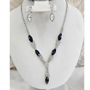 Sapphire Blue Marquis Cut Crystal Necklace & Earrings Set - Silver Tone